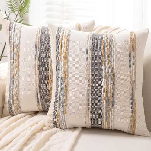 Boho Throw Pillow Covers 18x18 Set of 2 Farmhouse Decorative Cushion Case Str...