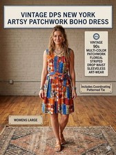 Vintage DPS New York Dress, Sleeveless with Tie,  Artsy Patchwork Boho, Size L