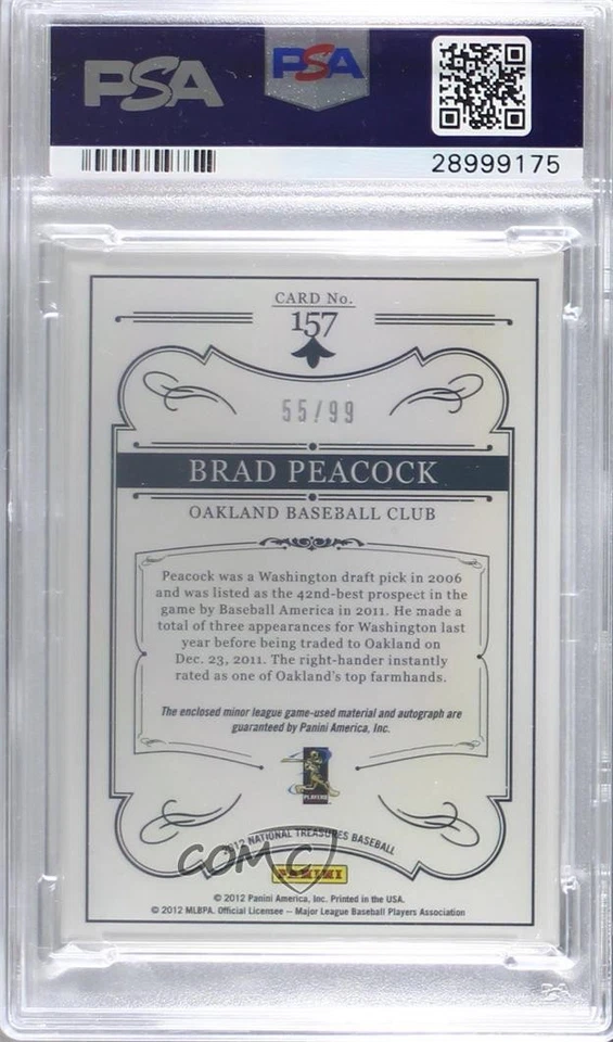2012 Panini National Treasures /99 Brad Peacock PSA 10 GEM MT Rookie Auto RC - Image 2 of 2