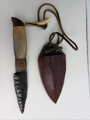 4  Obsidian/Mahogany Fixed Blade Knife Wood/Horn Handle with leather sheath
