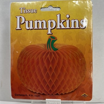 Vintage Halloween Beistle 4- 4'' Orange Tissue Pumpkin Centerpiece 1991 NOS 