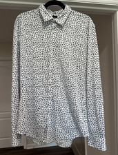 BOSS Slim Fit XL White/Blue Geometric Cotton Dress Shirt 17 34/35 Long Sleeve