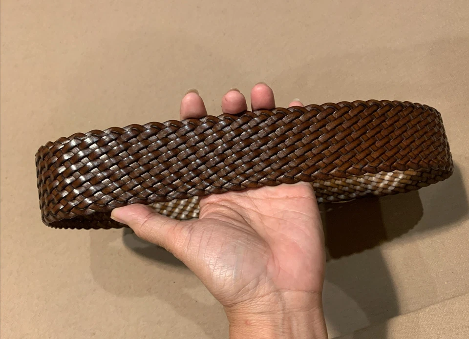 EXCELENTE ESTADO-Michael Kors Cinturón Ancho Tejido Cuero Marrón PEQUEÑO Metal Plateado Foto 2 de 4