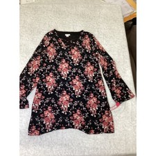 Xhilaration Womens XS Black Pink Floral Lattice Neck Long Sleeve Shift Dress NEW