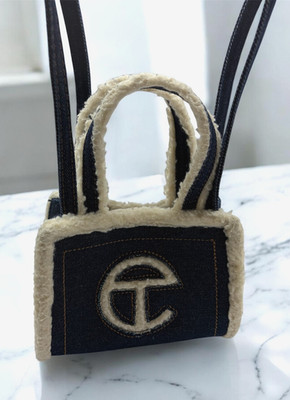 UGG x Telfar Small Denim Shopper Tote Crossbody Bag Shearling Trim Double Strap
