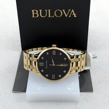 Bulova Men's Classic Diamond 97D108 Black Dial Gold Stainless Quartz Watch 40mm