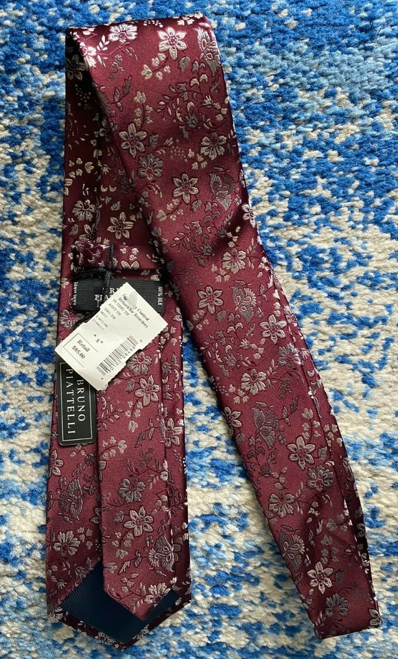 NEW Bruno Piatelli Burgundy Gray Silver Floral Handmade Silk Necktie - Image 3 of 4
