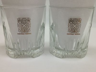 Chivas Regal Whiskey Lion Crest Gold Letter Etched Cut Rocks 2 Glasses Set EUC