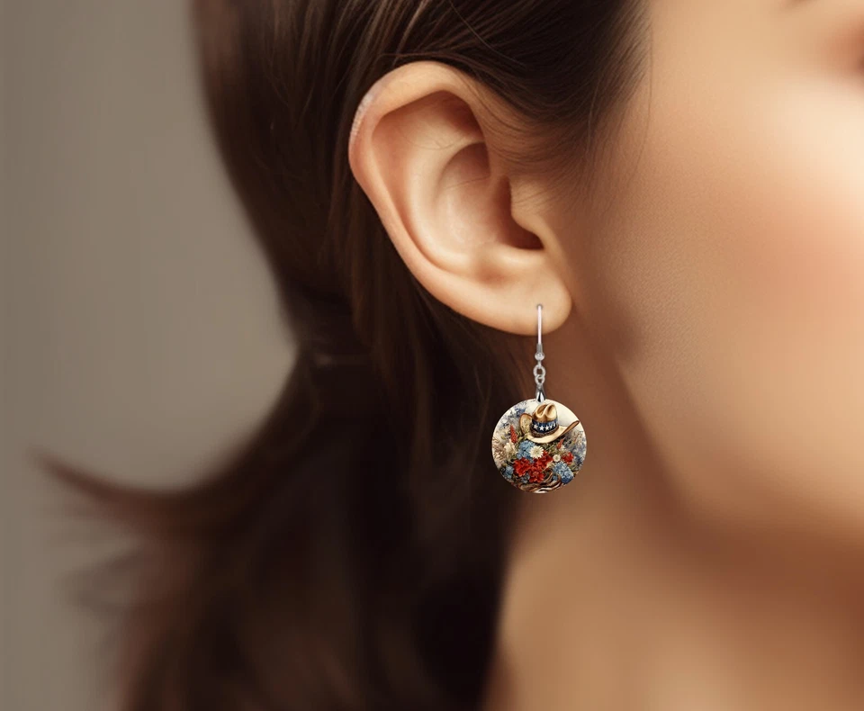 American Cowboy Hat Round Printed Wood  Dangle Earrings - Image 4 of 4