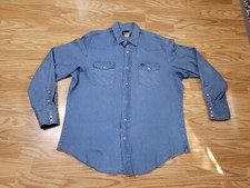 Wrangler Long Sleeve Pearl Snap Blue Denim Shirt Men's Size XL With Pockets