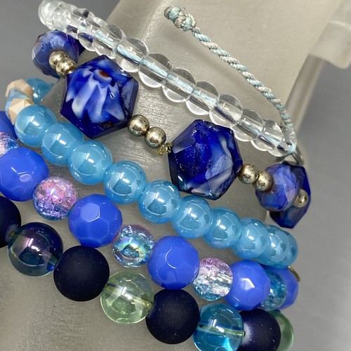 Blue Bracelet Lot of 5 Glass Beads Czech Givre Erimish Slide Stretch Transparent - Picture 5 of 15