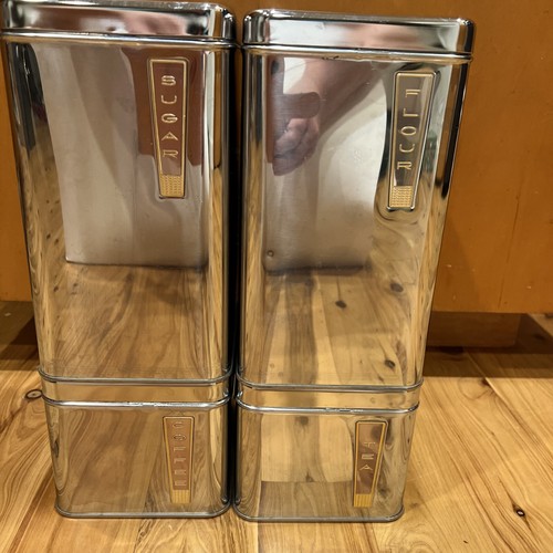 Vintage Lincoln BeautyWare Chrome Canister Set of 4 With Lids MCM Retro Kitchen - 第 1/12 張圖片
