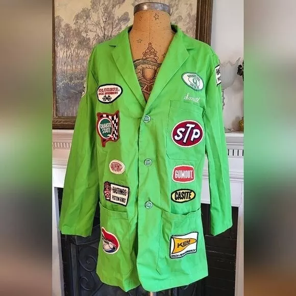 Vintage Neon Green Mechanics Jacket Covered In Old Vintage Patches