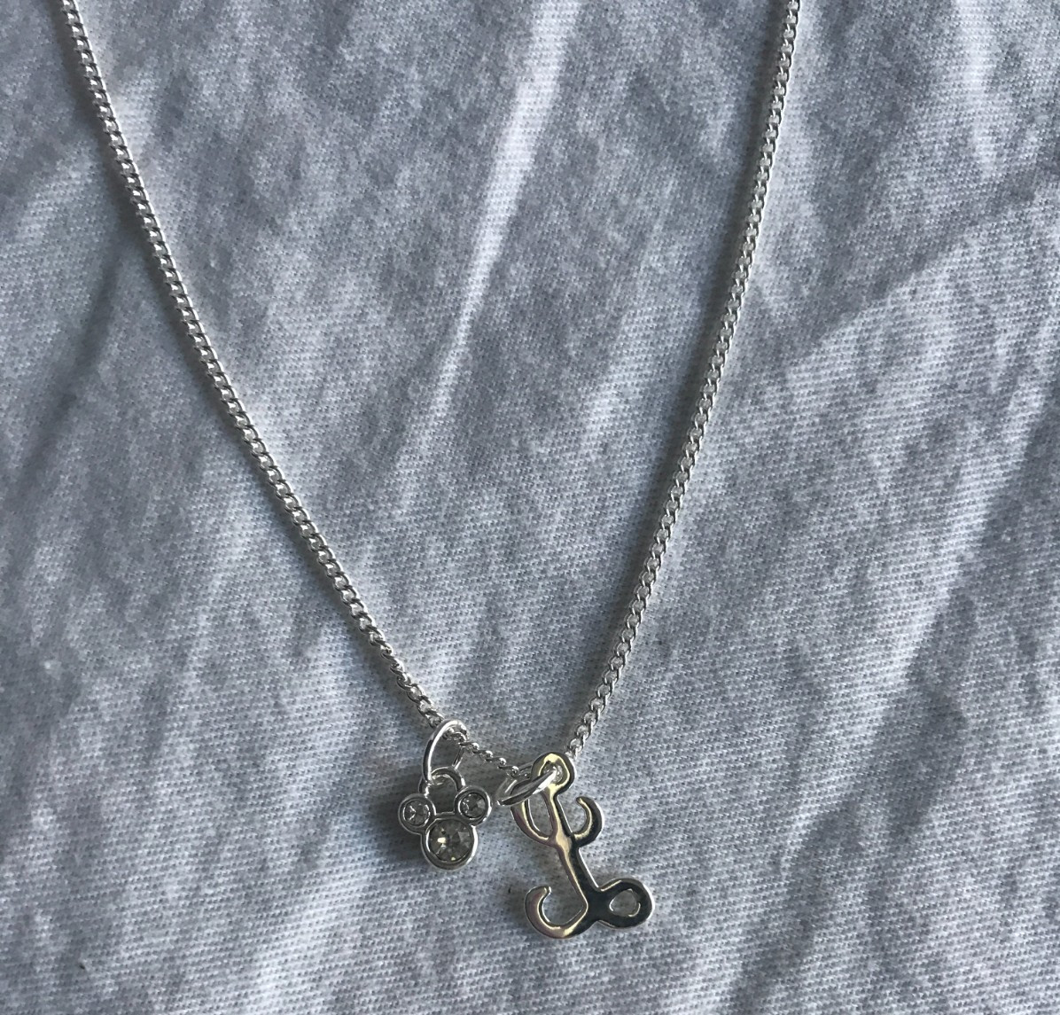 Silver Tone Mickey Mouse Rhinestone Necklace Cubic Zirconia with L initial