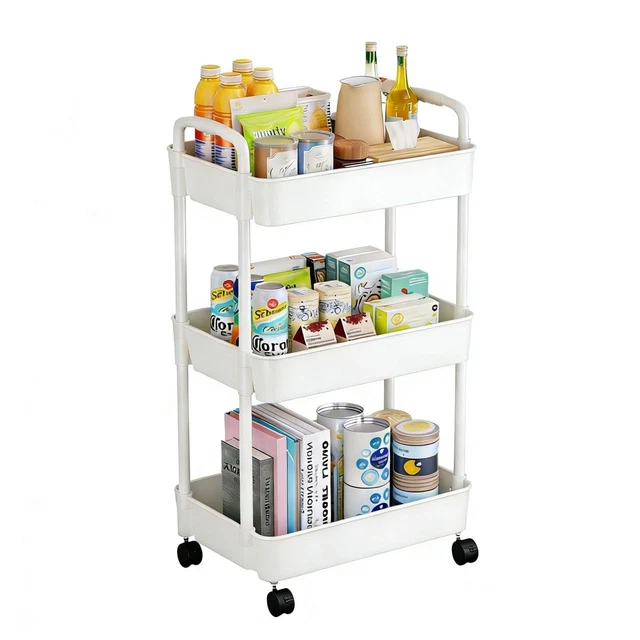 3-Tier Storage Trolley on Wheels Space-Saving Shelving Cart with Handle - White