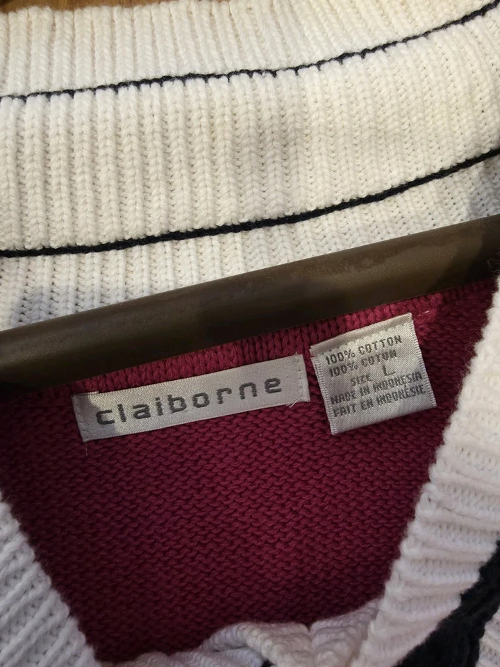 Suéter Vintage Clairborne Cuello en V Para Hombre Talla L Rosa Y Negro Preppy 100% Algodón Foto 4 de 4