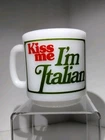 Vtg 70s Glasbake KISS ME I'M ITALIAN Coffee Mug Milk Glass 9 oz Green Red