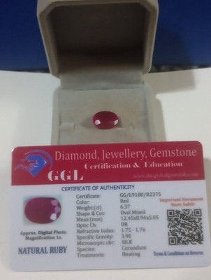 NATURAL EARTH MINED GGL CERTIFIED GEM TESTED HEATED OVAL RED RUBY 6.37 CTS.