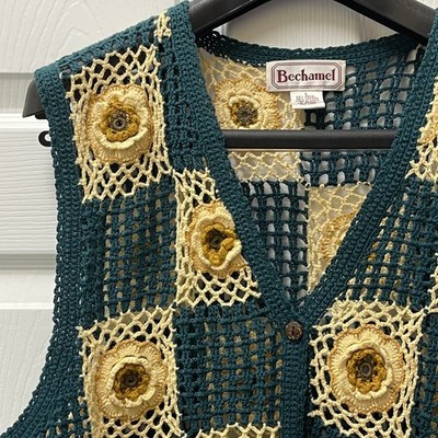 Vintage Bechamel Women's Large Crochet Vest Granny Square Grannycore Cottagecore