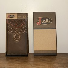 Justin Rodeo Wallet Brown Genuine Leather Tooled Western Stitch RFID Long Bifold
