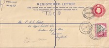 1965 BASUTOLAND REG PSE PHAMONS QUIHING  MASERU to GB taxed 2d manuscript