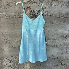 Y2K Vintage Blue Silk Lace Slip Dress/Top  Satin Chemise Lingerie Coquette M