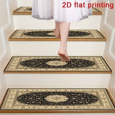 Black Golden Retro Patterned 2D Flat Printed Stair Mats, Non-Slip Step Pads, P