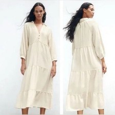 Zara Linen Blend Tiered Midi Dress Small Boho White Ivory Bridal Shower Party