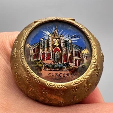 Antique 1900 Palais de l'Electricite Brass Enamel Mirror Compact Box Pill Box