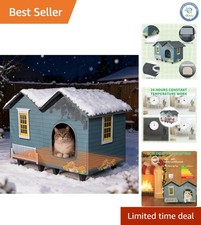 Light Blue Elevated Heated Cat House with Thermostatic Control - Easy Assembly