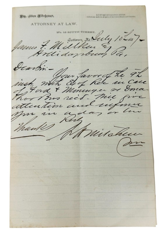 LEGAL CORRESPONDENCE FROM BALTIMORE, MD TO HOLLIDAYSBURG, PA, JULY 10, 1877