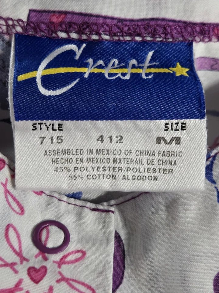 Crest Scrub Jacket Size M-Blue/White Hearts/CA Ribbon Snap-Up-Chest 24"/L 27.5" - Image 3 of 4