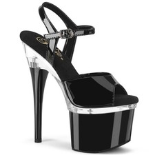 PLEASER ESTEEM-709 7" Heel Pole Dancer Black Clear Platform Ankle Strap Shoes