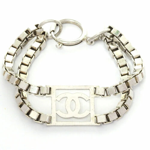 CHANEL CC Logo Venetian Link Bracelet 6.9" Silver Tone 06A Auth #04530