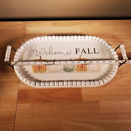 Wooden Tray "Welcome Fall" Handles & Wooden Beaded Edges Shabby Chic Farmhouse - Picture 5 of 7
