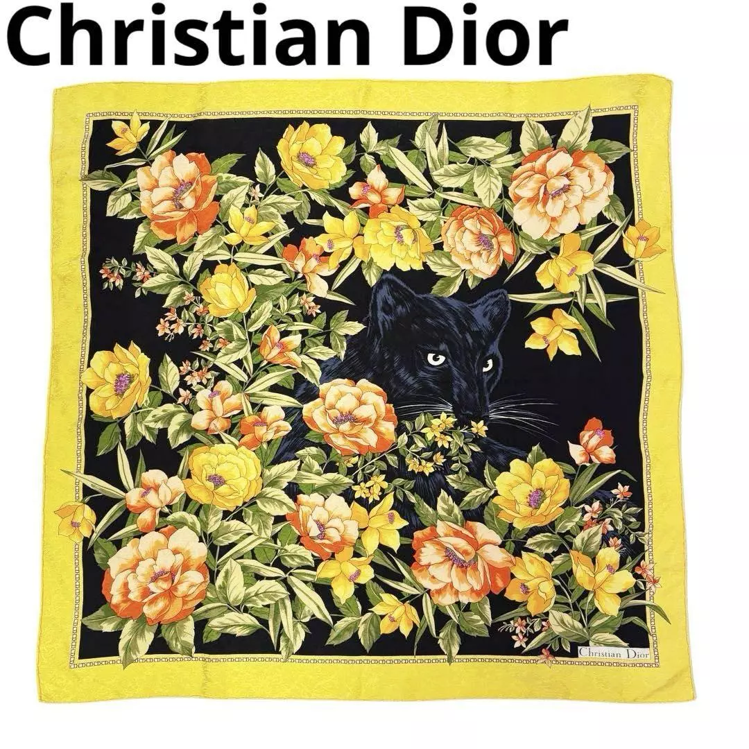 Authentique écharpe décontractée Christian Dior 100% soie jaune noir motif chat fleur