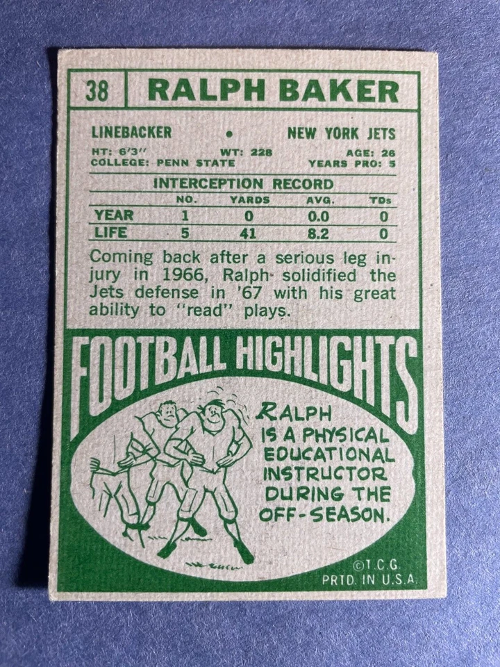 SIGNED RALPH BAKER 1968 TOPPS FOOTBALL CARD AUTOGRAPHED - JETS - Image 3 of 3