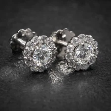 Moissanite Halo Cluster 925 Sterling Silver White Gold Screw Back Stud Earrings
