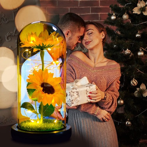 Artificial Eternal Sunflower Gift for Women Enchanted LED Lamp in Glass Dome - 第 4/7 張圖片