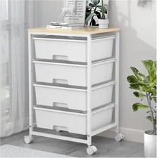 4-Tier Rolling Utility Cart with 4 Drawers, 2 Lockable Wheels, Bright White