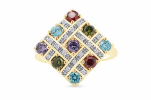 Authentic Multi Color Diamond & Simulated Diamond Cocktail Ring 14k Yellow Gold Plated
