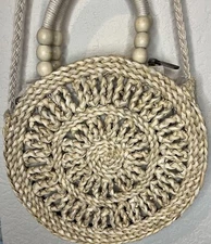 Sun N’ Sand Handbag/Crossbody Boho Bag Tan Round Straw Beaded Handle