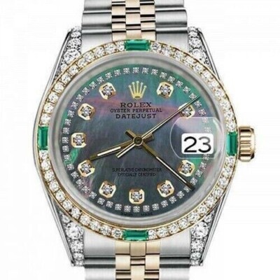Rolex Datejust 31 mm Black Mother Of Pearl Diamond Dial Diamond & Emerald Watch