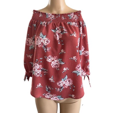 Rue 21 Top Floral Stripe Off Shoulder Tunic Half Sleeve Tie Juniors Size M