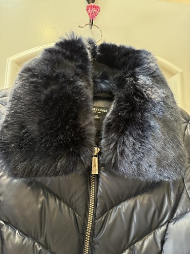 Kenneth Cole Puffer Jacket Navy Blue With Fox Fur Size M New With Tags $200.00 - Picture 2 of 7