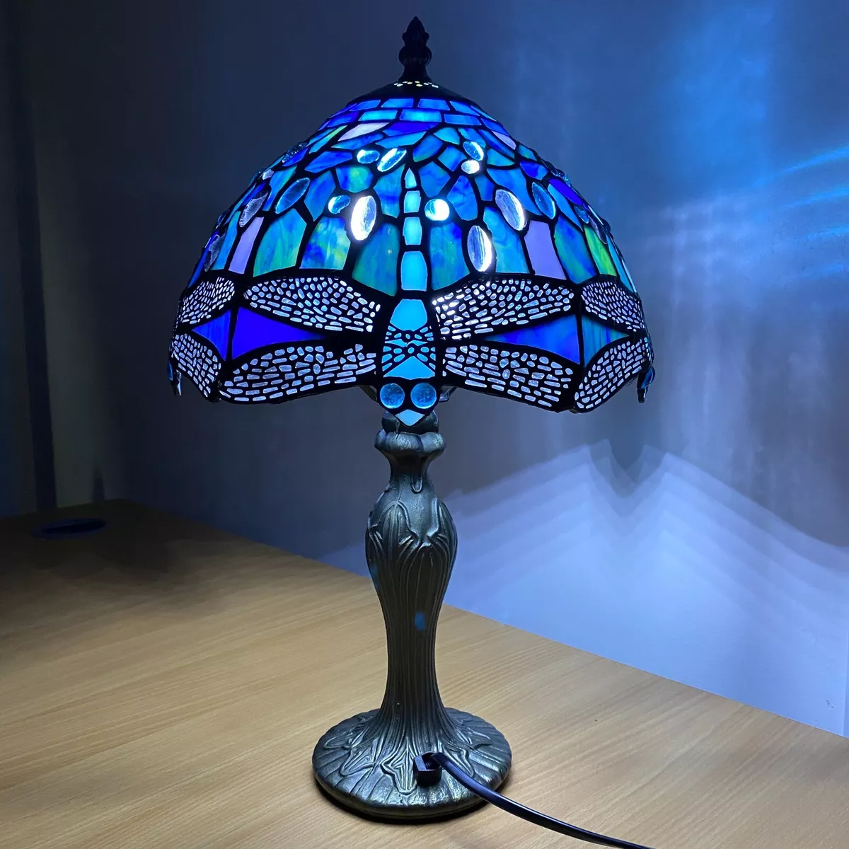 Tiffany Blue Dragonfly Style Table Lamp Stained Glass Shade Home Decoration