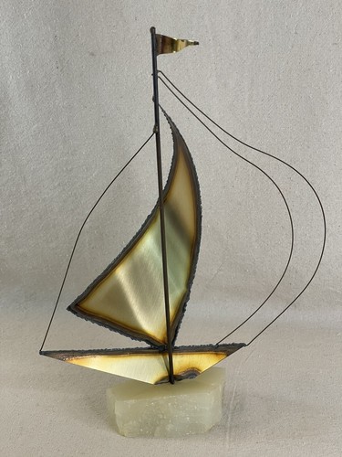 Vintage "John DeMott" Stil signierte Metall Messing Segelboot Skulptur auf Steinsockel - Bild 5 von 9