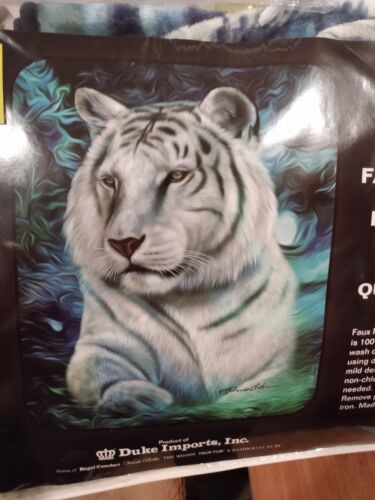 Queen Size White Tiger Aurora Beautiful Mink Faux Fur Blanket Super Soft Plush