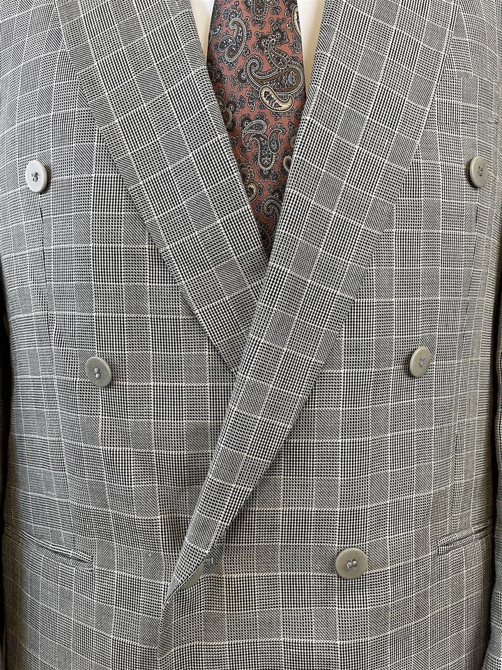 Blazer De Colección Zanetti 40S HECHO EN ITALIA Lana Seda Negro Blanco Cuadros Doble Pecho Foto 4 de 4