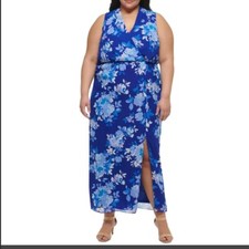 Jessica Howard Maxi Dress Floral Sleeveless Slit Blue Plus Size 18W NEW